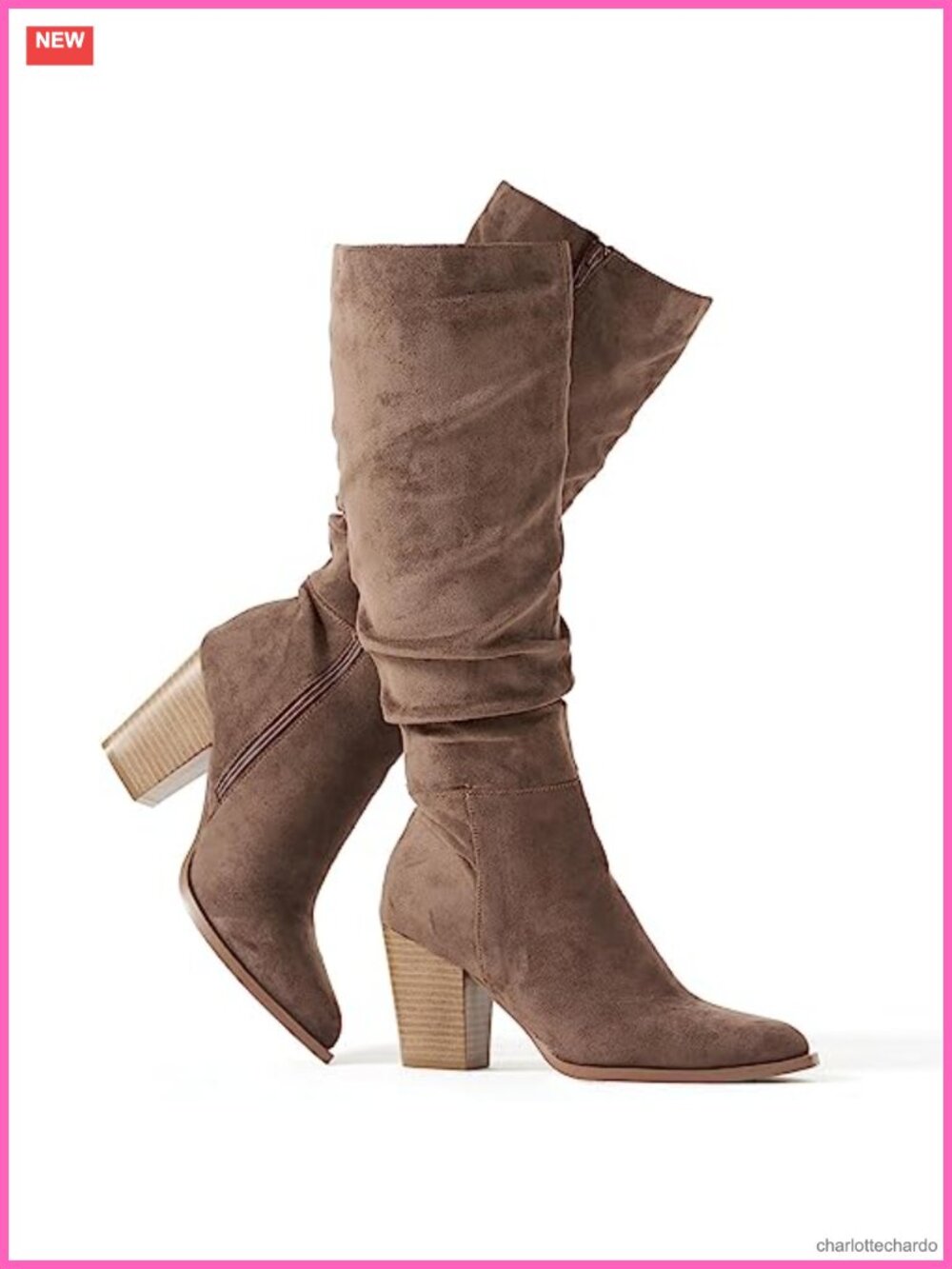 Faux Suede Knee High Heeled Slouchy Boots with Side Zipper